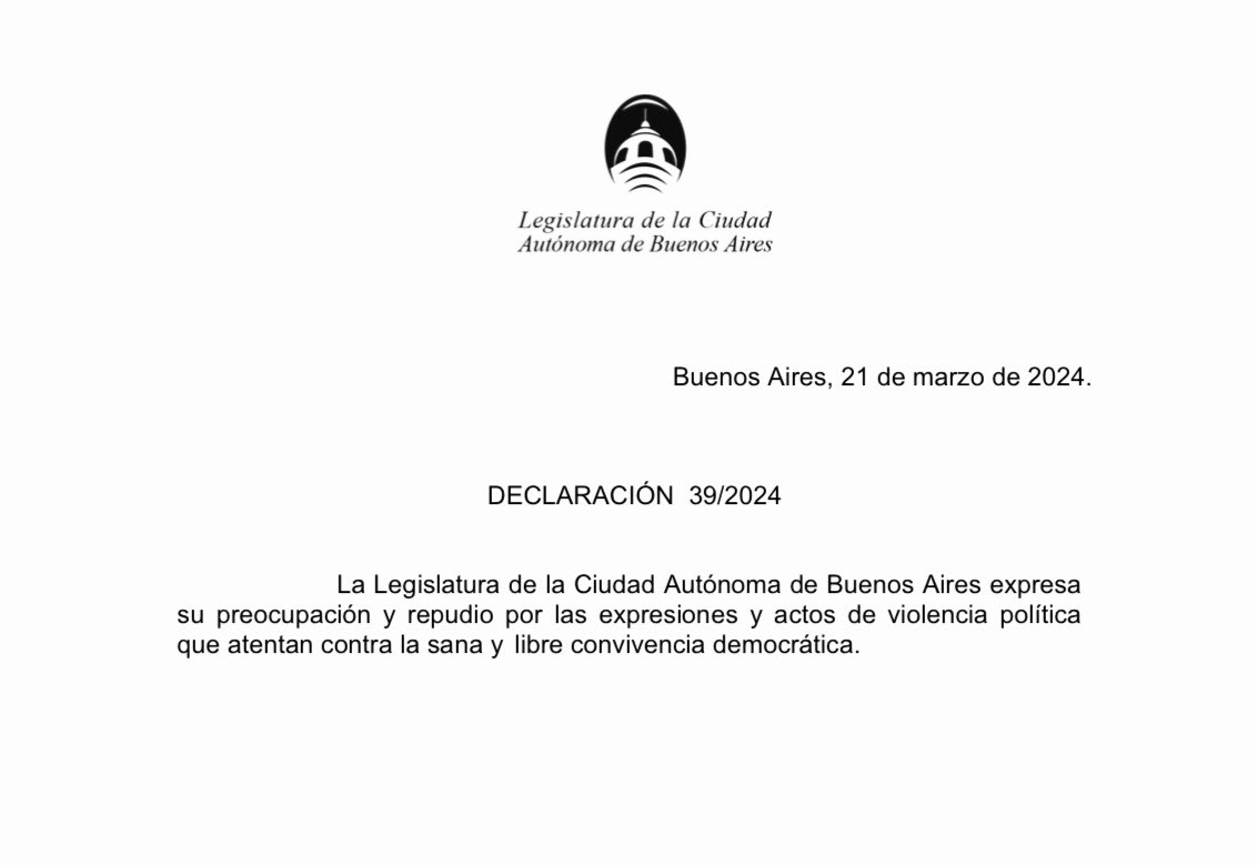 En el final de la sesión discutimos sobre lo sucedido en el día de ayer.

Ratifico la declaración de mi autoría aprobada a principios de año. Construyamos una sociedad pacífica, democrática y republicana desde el disenso y la libertad de expresión

¡Violencia política, nunca más!