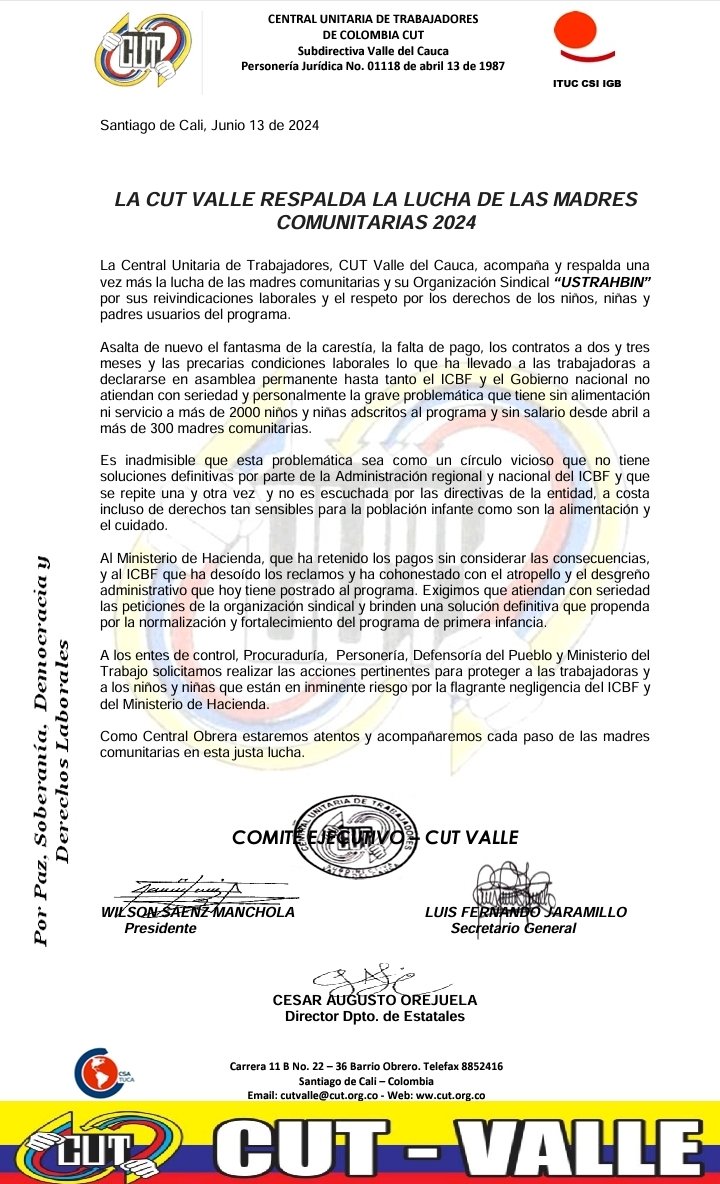 catilinaria6's tweet photo. @cutvalledelcau1 respalda la lucha de #Ustrahbin y madres comunitarias. Exigen: ●Mesa de concertación con @MinHacienda @ICBFColombia @DirICBF @MinInterior ●Contratos de mínimo un año;●Pago oportuno ●Garantías laborales, Gobierno nacional debe dar garantías a niños y familias https://t.co/MRCOAB7xuu