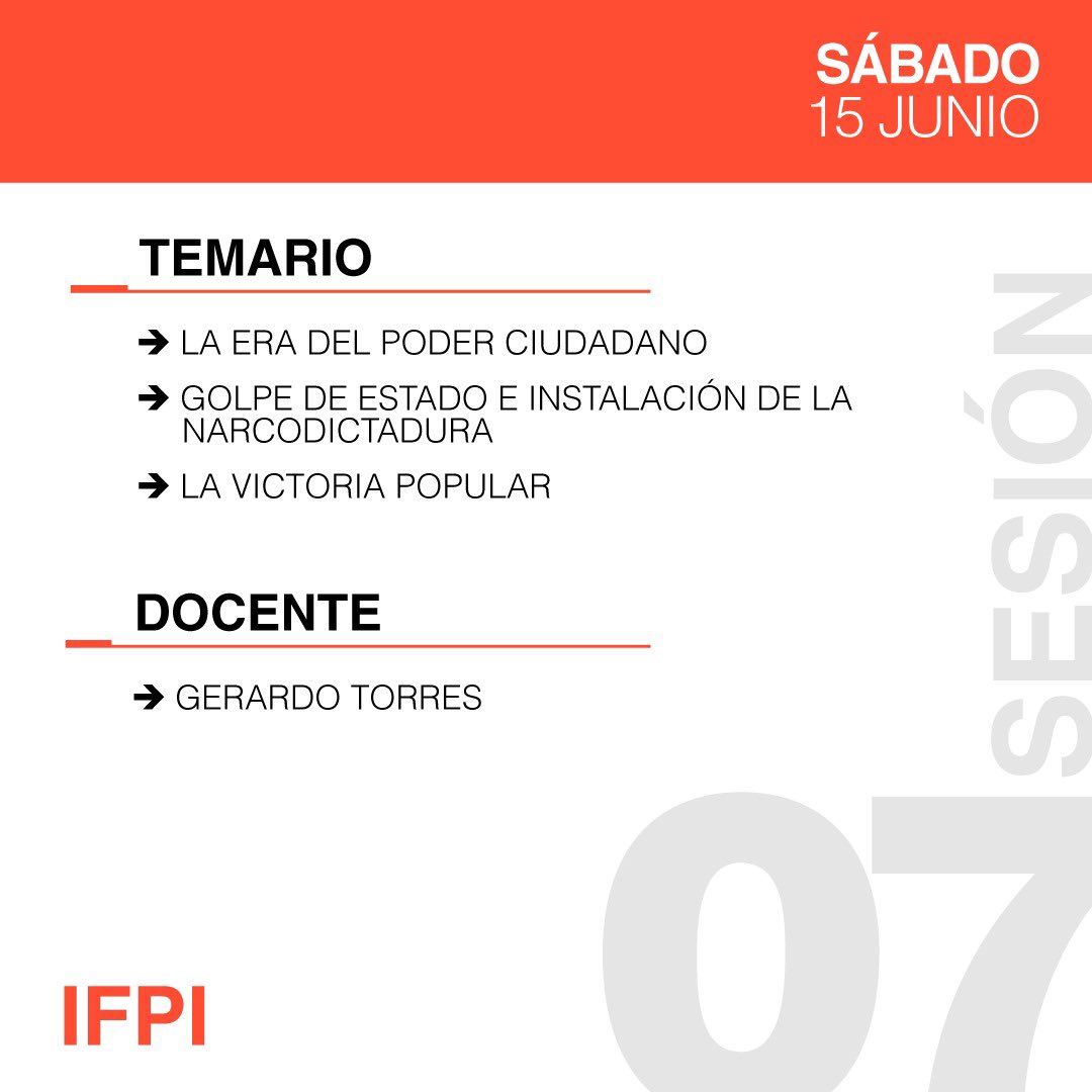 ¡Acompáñanos! En esta sesión, trataremos temas como la era del poder ciudadano, el golpe de Estado e instalación de la narcodictadura y la victoria popular.
Porque un pueblo que tiene presente su historia es un pueblo que no se deja engañar, ¡gracias por formarte con nosotros!