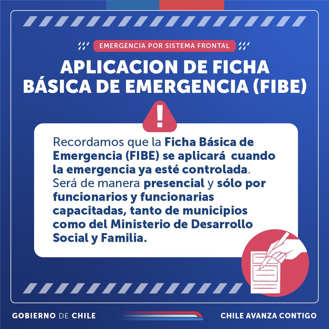 MinDesarrollo's tweet photo. Ante la emergencia por el #SistemaFrontal te recordamos que la Ficha Básica de Emergencia (FIBE) se aplica de manera presencial y cuando la emergencia ya está controlada. 

Infórmate solo por canales oficiales de @Senapred y @GobiernodeChile para que no caigas en mensajes falsos

Encuentra más detalles de esta ficha aquí o ingresando a https://t.co/w8z9fDg7v3 

*En la región del Biobío, ya se comenzó con la aplicación de la FIBE en las comunas de:
✅ Mulchén
✅ San Rosendo
✅ Curanilahue
✅ Tomé
✅ Los Álamos
✅ Cabrero
✅ Lota
✅ Curanilahue
✅ Nacimiento