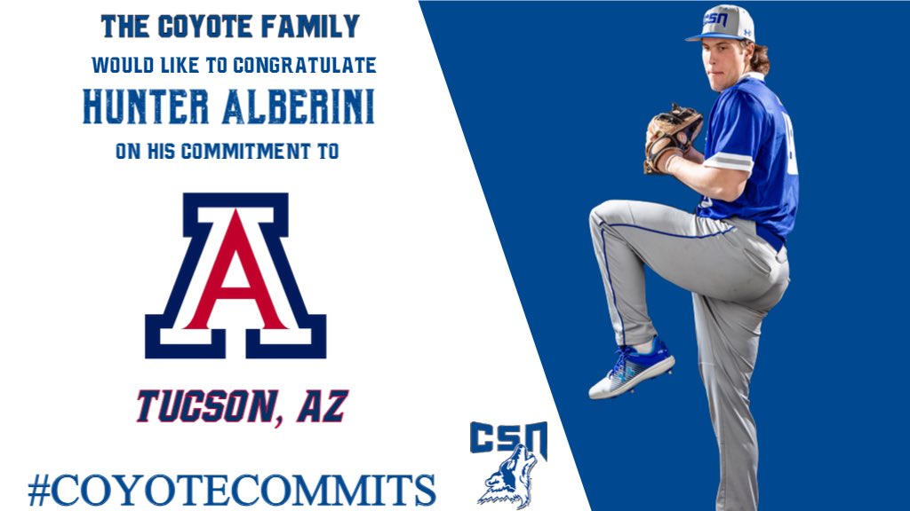 CSN_Baseball's tweet photo. The Coyote Family is thrilled to congratulate Hunter Alberini on his commitment to continue his academic and athletic career with the University of Arizona in Tucson, AZ.
🐺⚾️➡️🐻⬇️⚾️ #D1Bound #BearDown #CoyoteCommits https://t.co/hwkaJwKGIF