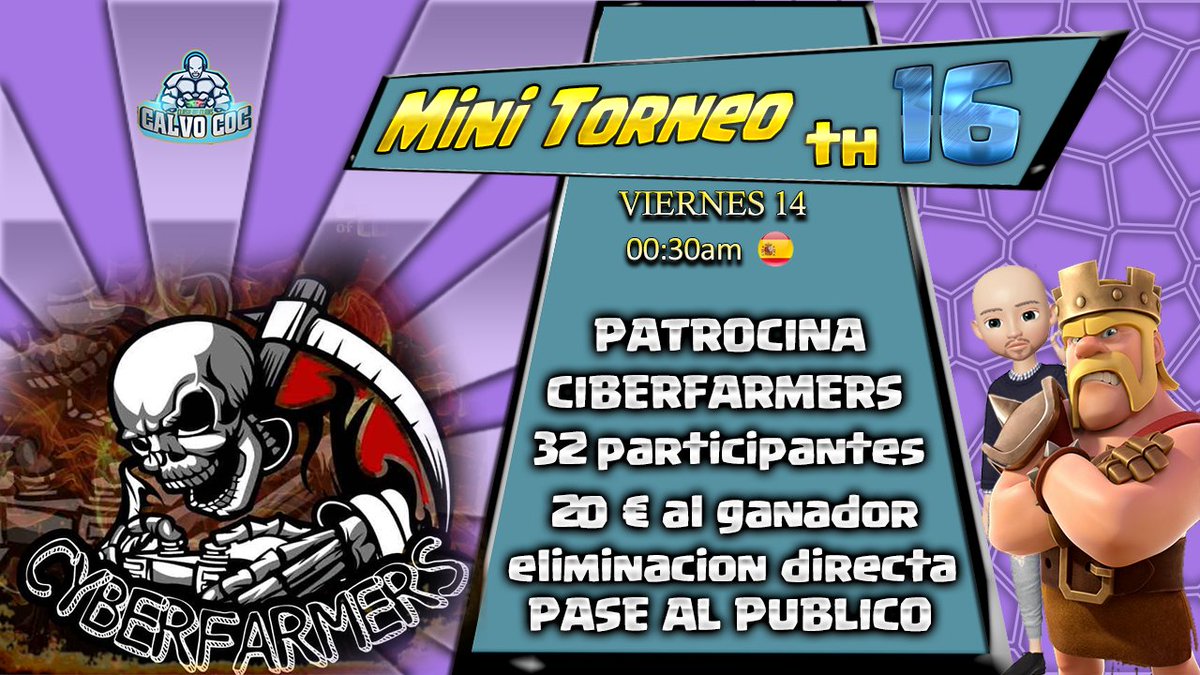 En la noche del Viernes 14 a las 00:30am de españa, CIBERFARMERS nos patrocina con 20€ al ganador y un pase al espectador, ósea que ya sabéis.... compartirlo con los amigos y compañeros del clan.
nos vemos, un saludo a todos.