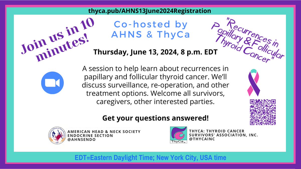 ThyCaInc's tweet photo. Starting in 10 minutes!
Register: https://t.co/qdUZDz0V0V
Co-hosted by @AHNSEndo and @ThyCaInc
#ThyroidCancer #ThyCa #ThyroidCancerSurvivor #ThyCaSurvivor #ThyroidCancerWarrior #ThyCaWarrior https://t.co/uuAiwKwIoj
