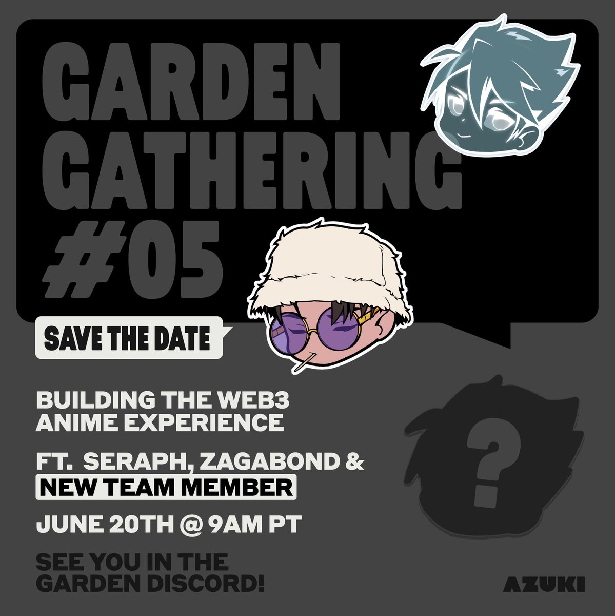 Azuki's tweet photo. Join us in the Garden Discord on June 20th at 9am PT with Z, Seraph and a new team member to hear more about Azuki’s vision for tackling the anime industry through the foundation of web3. https://t.co/ZvtR7F6hyN
