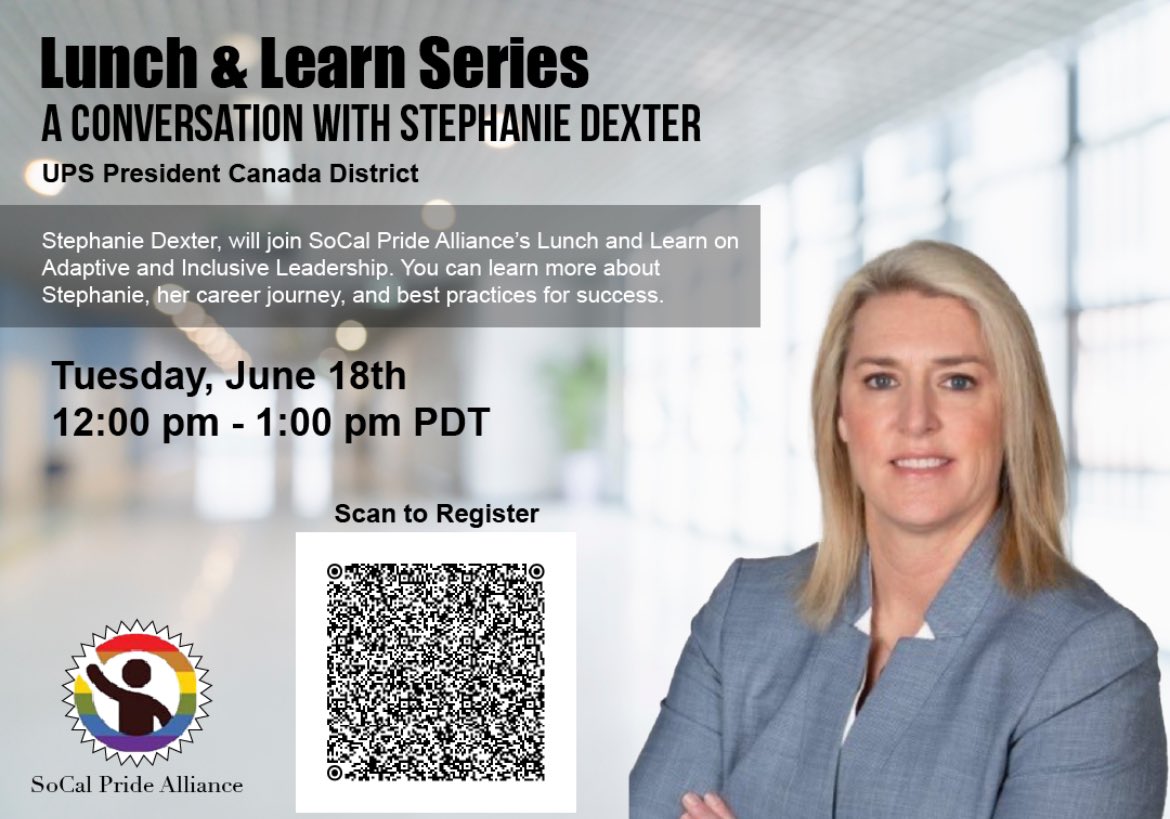 socallgbtabrg's tweet photo. Lunch & Learn Series:
With STEPHANIE DEXTER
UPS President Canada District
Stephanie Dexter, you can learn more about Stephanie, her career journey, and best practices for success. #UPSPride #SoCalPrideAlliance
#UPS #SocalLGBTAbrg #UPSScpa https://t.co/S8PiPlu1oQ
