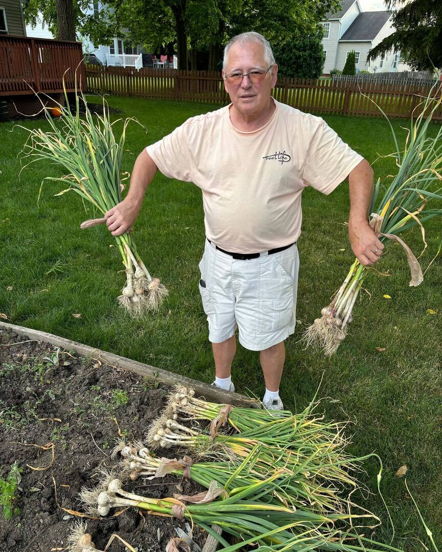 onetmixcraft's tweet photo. One T Sr. and I harvested our garlic. We got juuust a few. Thanks to @groovyplantsranch for all the varieties from the Garlic Smash! https://t.co/rT2D0vhiI7 https://t.co/7s77TMrE3n