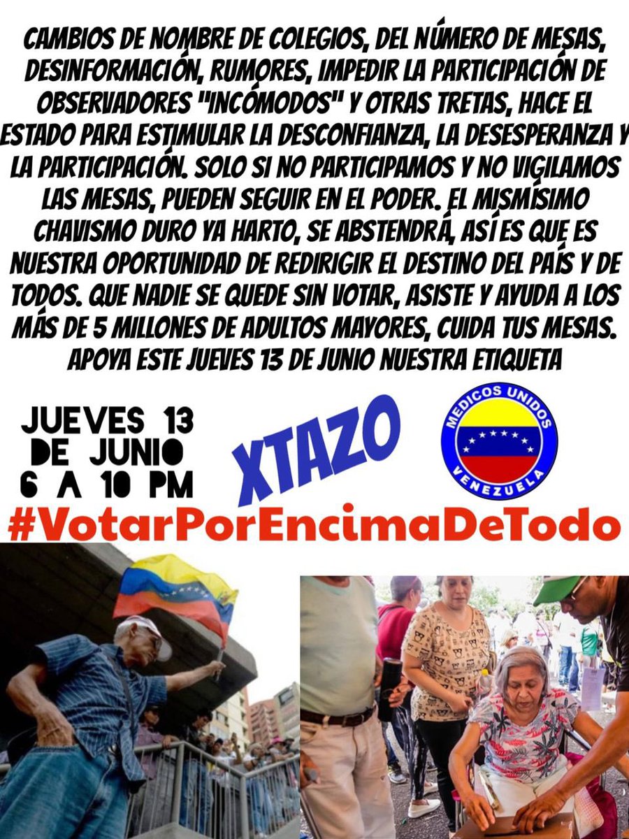 Voto por mi país, por los míos y los tuyos
Voto por los que emigraron y no se les permitió inscribirse.
Voto por los que murieron anhelando un cambio.
Voto por el derecho a salud, educación, por servicios públicos óptimos y etc
Para votar me sobran razones
#VotarPorEncimaDeTodo