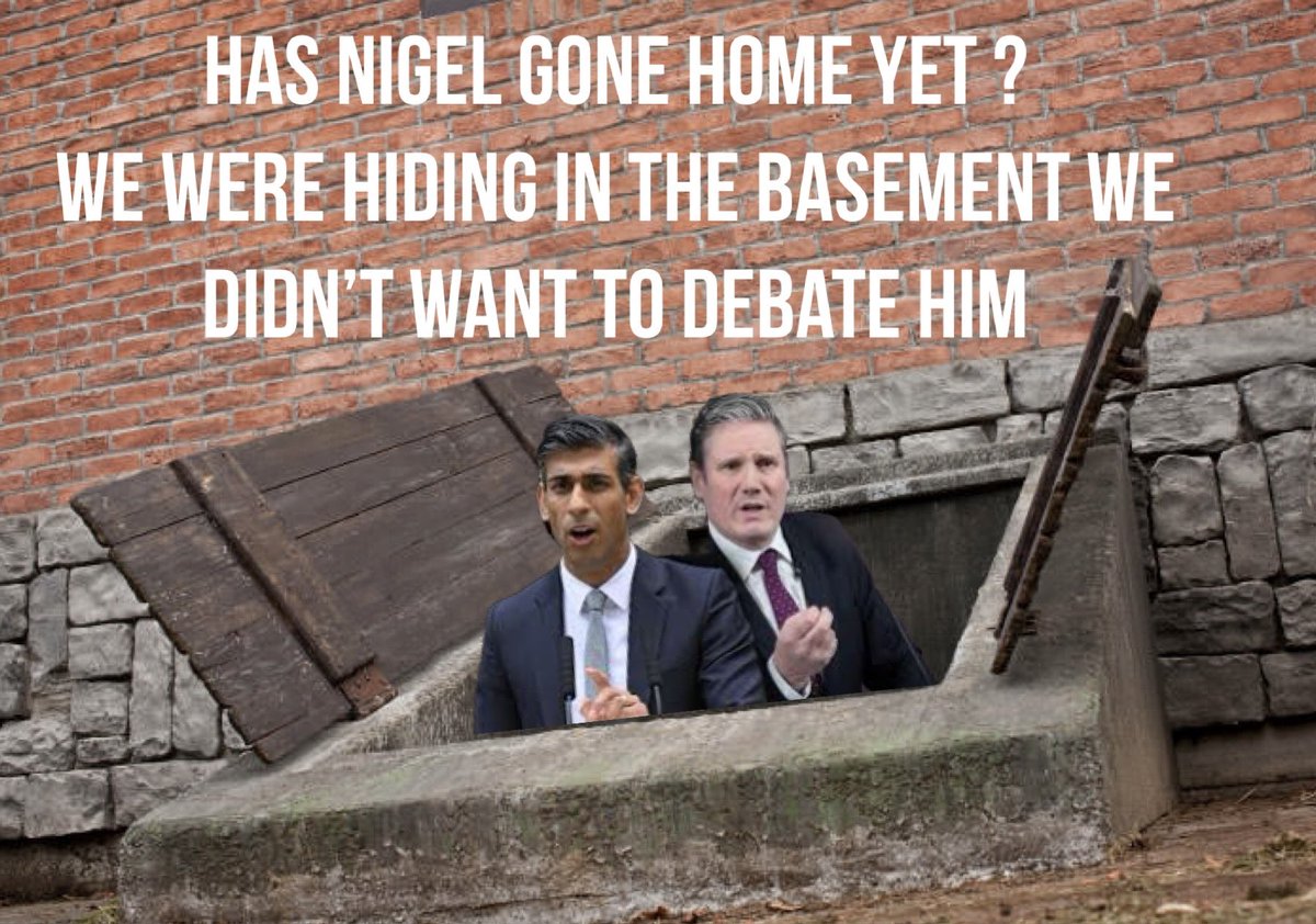 NotFarLeftAtAll's tweet photo. Keir Starmer and Rishi Sunak were scared to debate Nigel Farage ! so they hid in the basement .. just like Joe Biden did 

 #itvdebate https://t.co/TCjZauyJza