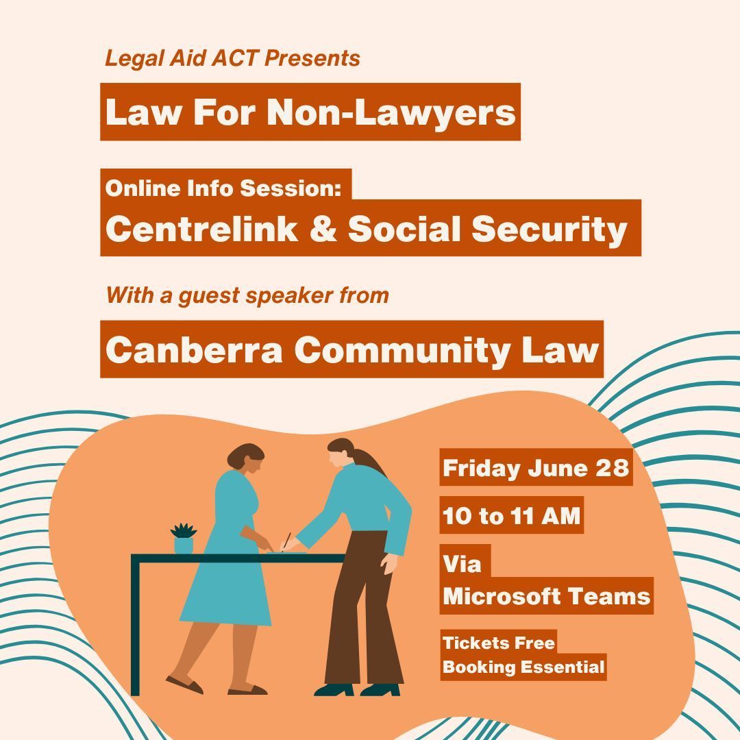 YLCACT's tweet image. Join @LegalAidACT and @cancommunitylaw for Law for Non-Lawyers: Centrelink and Social Security. 
Find out more about your rights  when accessing social security.
Day : Friday June 28
Time: 10:00 to 11:00 am
Book Now: buff.ly/3x6WeP6
