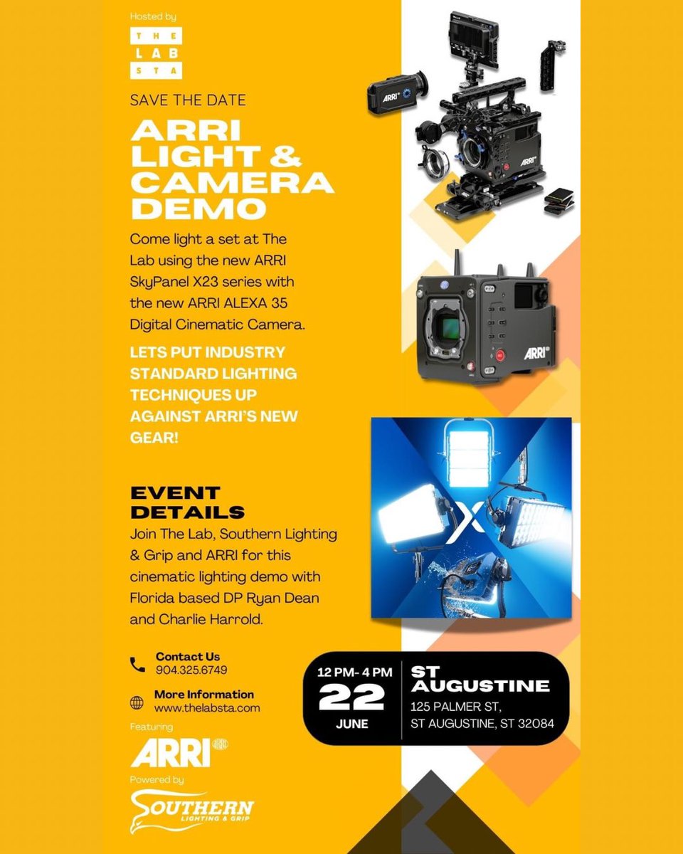 filmjax1's tweet photo. ARRI Demo Day: A Lighting Workshop. RSVP to this free event!

June 22nd from 12pm - 4pm, come out to The Lab at Maritime Studios for an amazing opportunity to experience ARRI's latest gear, with industry professionals.

https://t.co/0HrxyY2JJj

#FilmJAX https://t.co/EGsw6UEFdF