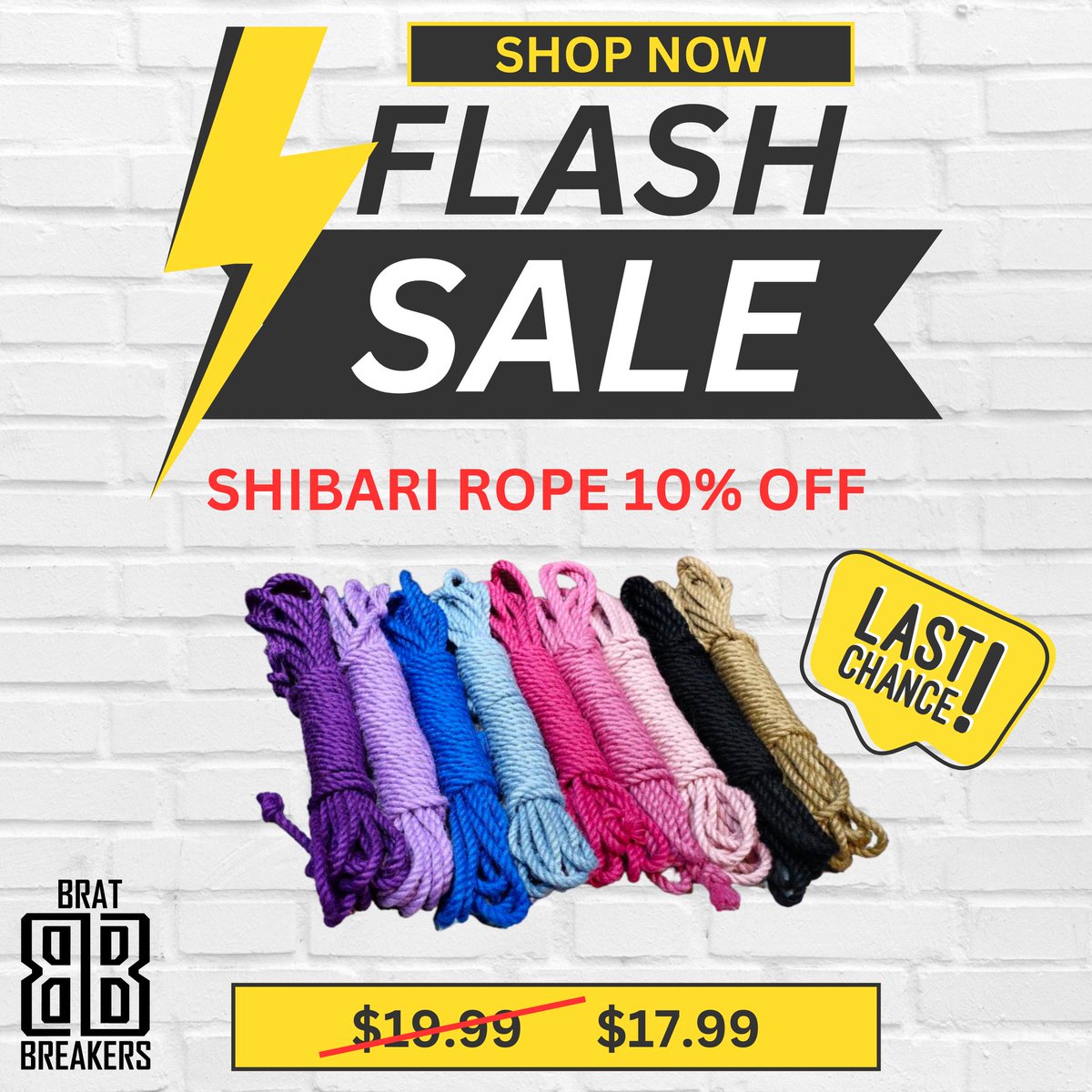Brat_Breakers's tweet photo. 🔥 Flash Sale Alert! All Shibari ropes are 10% off at Brat Breakers, but hurry—this offer ends today!

 Don't miss your chance to grab the deal. 

https://t.co/XrZDkqTKgo 

#FlashSale 

#ShibariRopes 

#sales  

#HurryUp

#bdsmcommunity https://t.co/4TPJjcBP9v