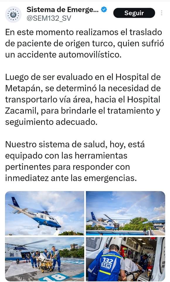 ElTrompudo2022's tweet photo. UN TURISTA TURCO LLEVADO EN HELICÓPTERO AL HOSPITAL...

Un anciano salvadoreño llevado en cama de un pickup de la PNC a una unidad de salud. https://t.co/qHX4MlfiYr