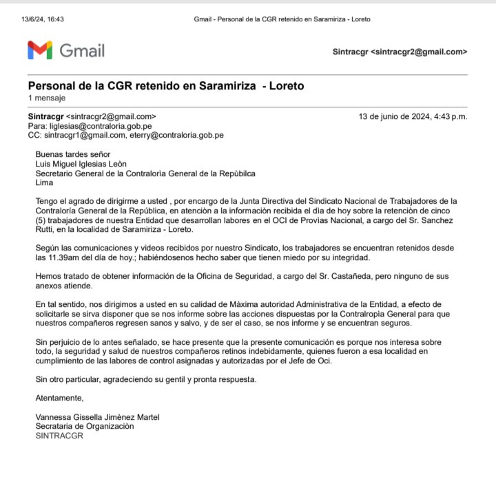 SINTRACGR1's tweet photo. Hacemos de conocimiento a los medios de comunicación que hoy 13/06 al promediar las 11:39 a.m. personal de la @ContraloriaPeru en ejercicio de su labor, fue retenido por miembros de la comunidad indígena de Saramiriza -Iquitos y, hasta estos instantes no han sido liberados. https://t.co/C1ox0Eie5t