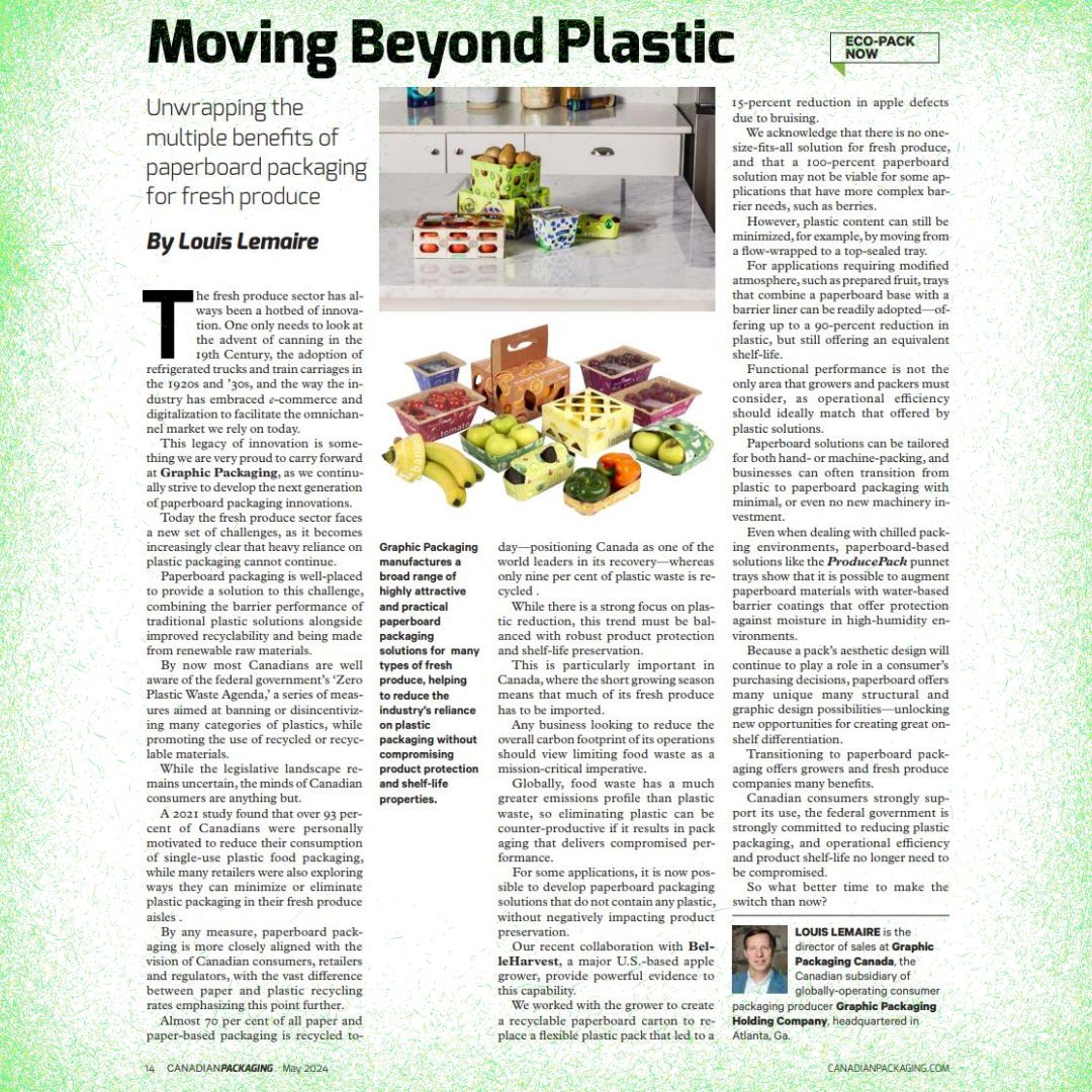 cccabox's tweet image. MOVING BEYOND PLASTIC – a fine article by Louis Lemaire of @GraphicPkg_Intl Cda for the May'24 issue of @CdnPackaging mag, on innovative #PaperboardPackaging trends benefitting Canada's fresh produce industry.
PDF link: issuu.com/glaciermedia/d…  
#EnvironmentallyFriendlyPackaging