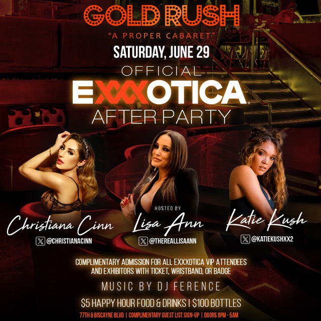 thereallisaann's tweet photo. 🌴 #Miami, are you ready for the  ✨Official ✨ #EXXXOTICA After Party at Gold Rush Cabaret?  Come hang with ME &amp; watch the amazing performances by Christiana Cinn &amp; Katie Kush late night Saturday 6/29 after the expo! 
💋 Complimentary entry for VIPs! #EXXXOTICAMiami https://t.co/50IUCARA9t