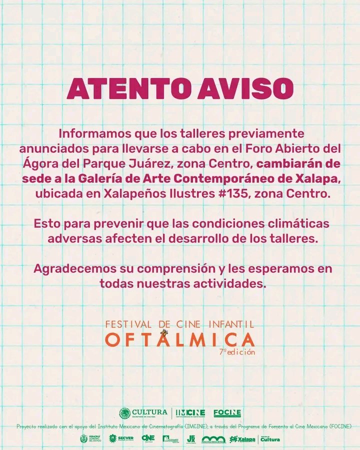 oftalmicakids's tweet photo. ¡ATENTO AVISO!

Todas nuestras actividades se llevarán a cabo en la Galería de Arte Contemporáneo de Xalapa del 14 al 16 de junio. Nos vemos este fin de semana.☺ https://t.co/PGrdSbBLtI