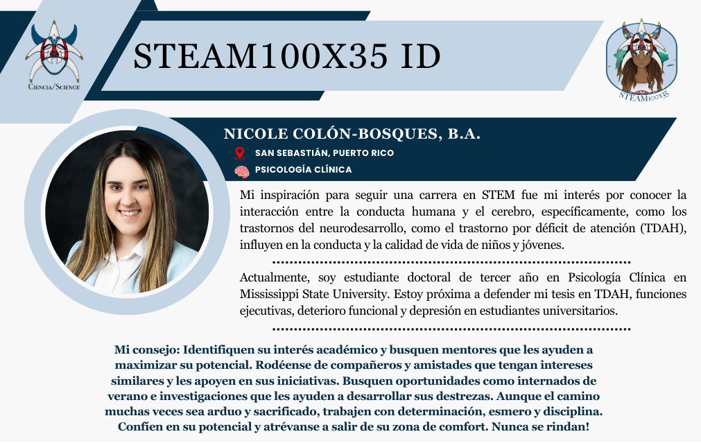 ¡Feliz Jueves!🎉 Hoy resaltamos a la científica Nicole Colón-Bosques. Su consejo:“Identifiquen su interés académico y busquen mentores que les ayuden a maximizar su potencial. Confíen en su potencial y atrévanse a salir de su zona de comfort. Nunca se rindan!"🇵🇷#PRWomenInSTEAM