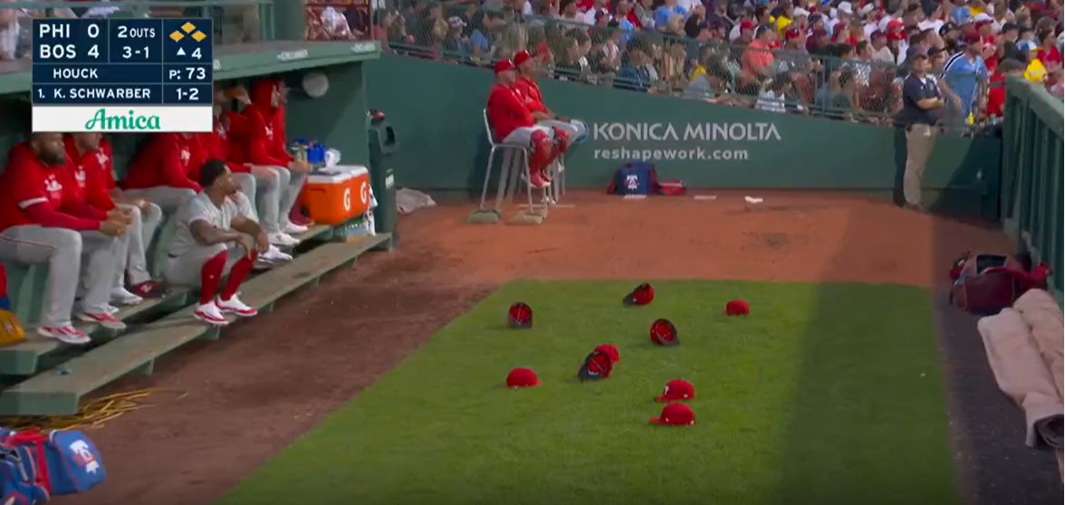 Paul_CasellaMLB's tweet image. Phillies bullpen has a game where they can predict a HR once a game by throwing their hat on the ground.
This was the Phillies' bullpen moments before Kyle Schwarber smashed his 412-foot bases-clearing double off the wall.
It would have been a HR in 18 ballparks, per Statcast.