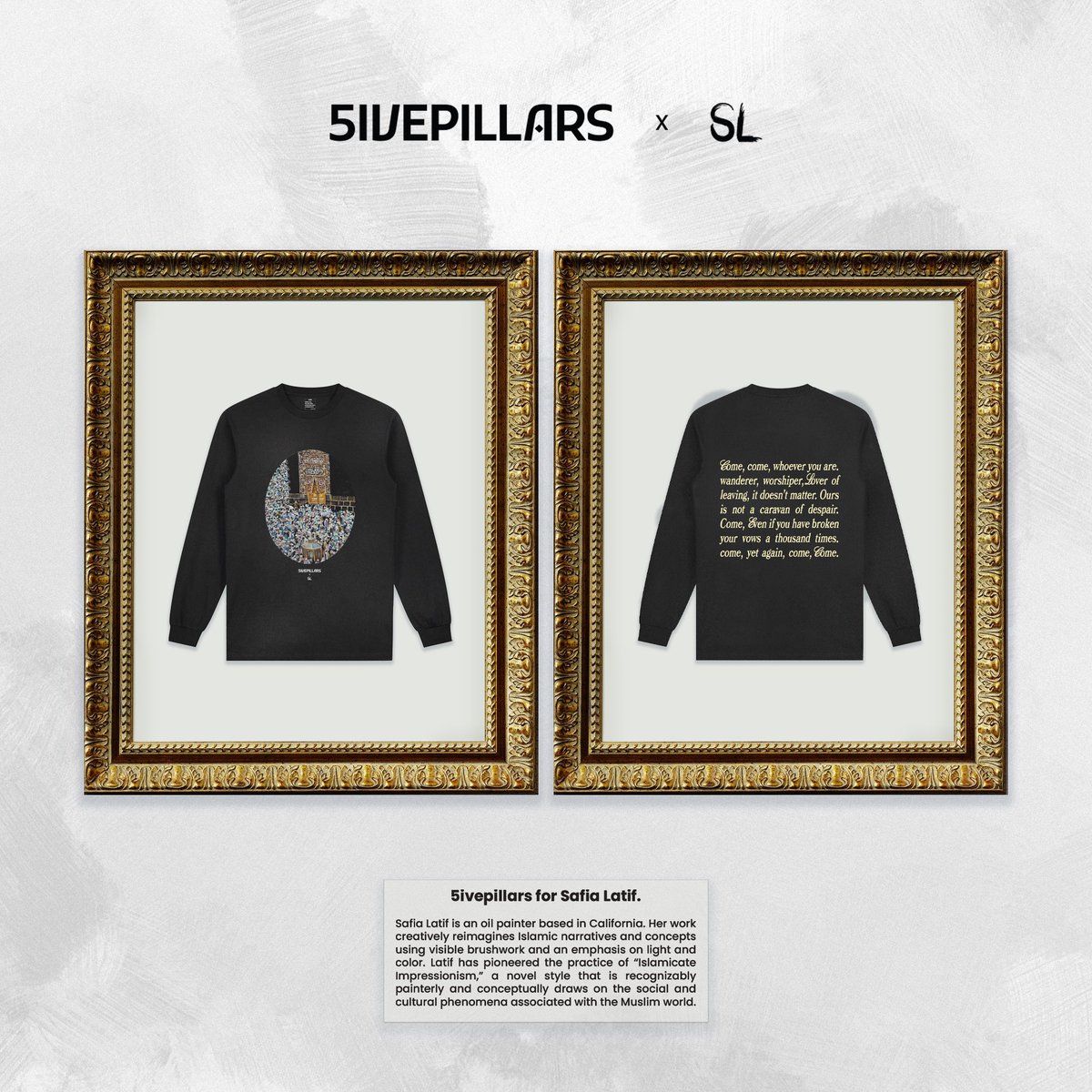 5ivepillars for <a href="/safialatif/">Safia Latif</a> releasing tomorrow at 10AM PST. In honor of the blessed days of Dhul Hijjah, the home that Abraham and Ismail built for the sake of Allah ﷻ . 

The shirts feature a painting of the sacred House of Allah ﷻ on the front &amp; a poem from Mawlana Rumi.