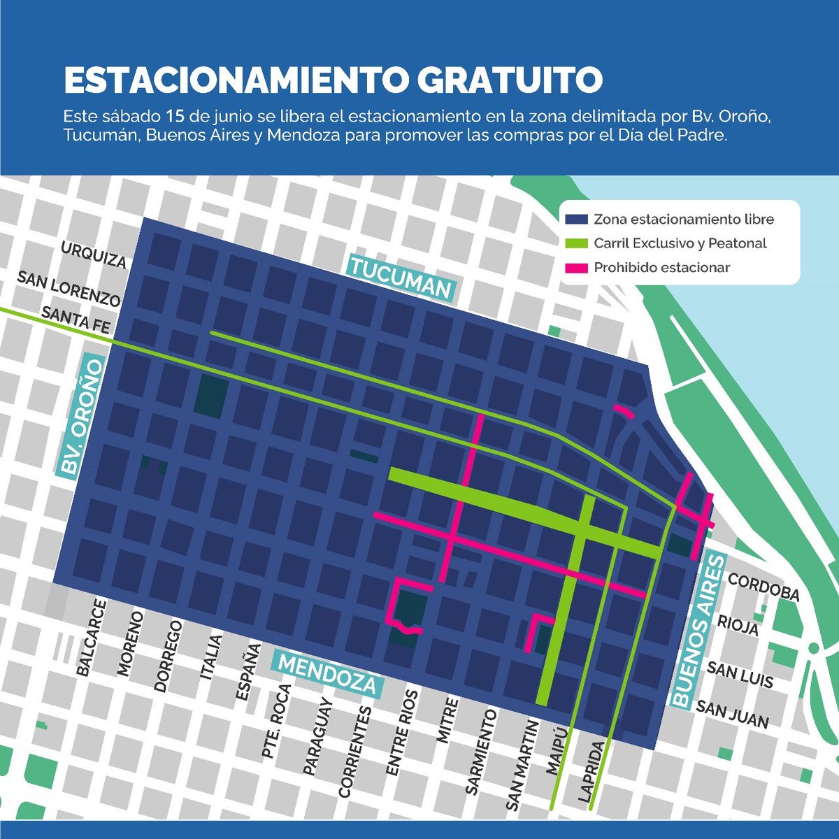 TransitoRos's tweet photo. ESTACIONAMIENTO MEDIDO
Hoy sábado 15/06 el estacionamiento será gratuito en la zona delimitada por Bv. Oroño, Tucumán, Mendoza y Buenos Aires a fin de promover las compras y paseos por la celebración del Día del Padre. https://t.co/exrZNkw4XT