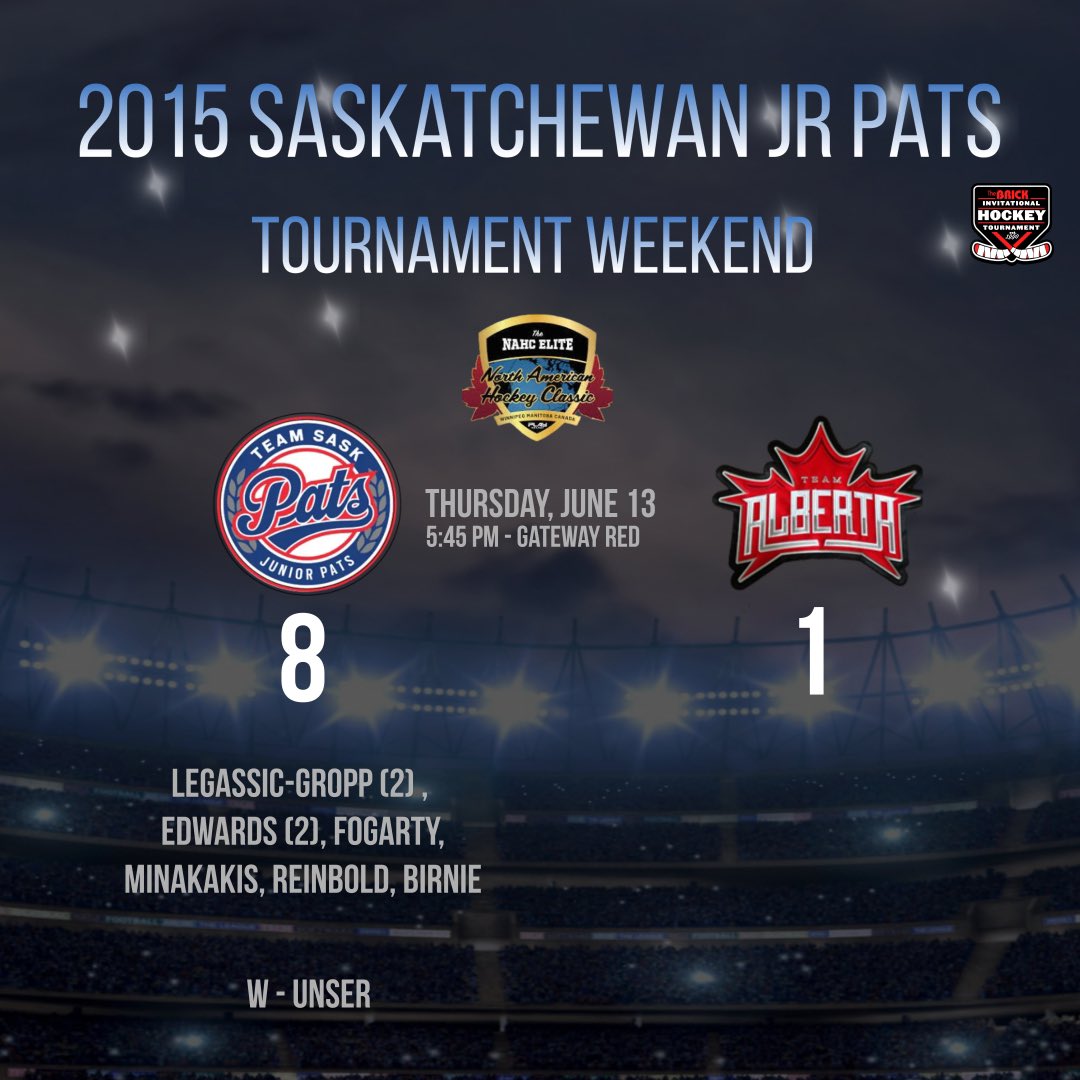 The 2015 Saskatchewan Junior Pats open the North American Hockey Classic with a 8-1 victory over Team Alberta!  Great start to the tournament. Back at it tomorrow morning.