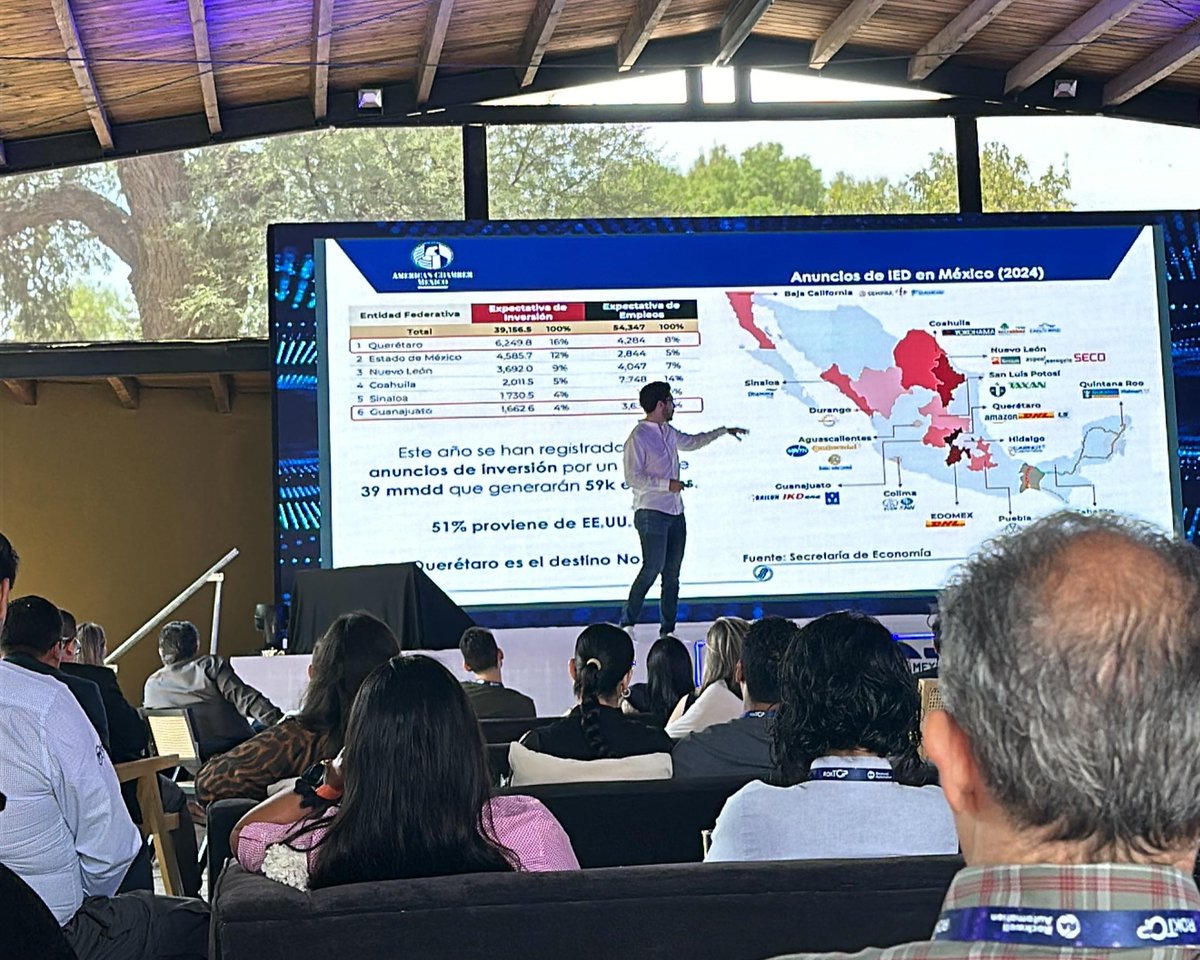AmChamMexico's tweet photo. En el #RokTOP de @ROKAutomation en Querétaro, compartimos la visión y trabajos de #AmCham en el contexto del #nearshoring.🌎📍

El #Bajío, con su vocación automotriz y aeroespacial, emerge como clave para la industria. Una oportunidad única para Norteamérica que debemos impulsar. https://t.co/uOvJCaLGRE