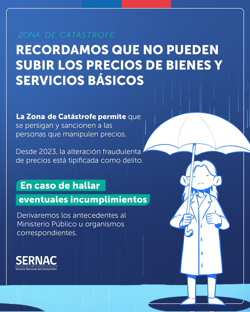 🔴El Código Penal sanciona a quienes, fraudulentamente, alteren precios de bienes o servicios básicos. Recordamos a las empresas que no pueden hacer alzas durante esta Zona de Catástrofe por el #SistemaFrontal.
Ante irregularidades, puedes reclamar en👉SERNAC.cl