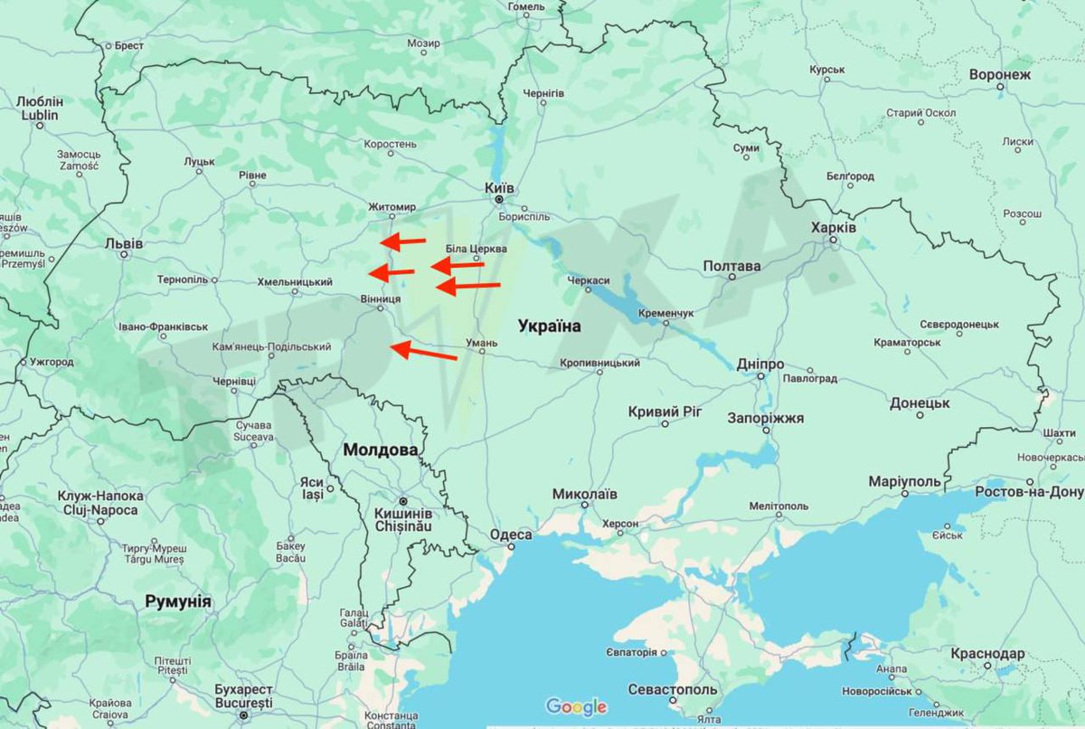 anno1540's tweet photo. 02.39
The rockets in #Vinnytsia region split up, a part flies through the north of the region to #Khmelnytskyi region, probably #Starokostiantyniv, the other part in the direction of #Tulchyn.
The rest of the rockets fly between #Kyiv region and #Cherkasy region in the direction of #Vinnytsia.
https://t.co/b8p0su97xQ
02.41
The first 3 rockets leave the #Vinnytsia region. They are flying on a course to #Starkon in #Khmelnytskyi.
https://t.co/CjxnAHJXz5
02.42
🚀 In #Vinnytsia, the rocket movement vector through #Khmilnyk and #Shargorod to the west.
@operinform
02.42
🔴 Starokostiantyniv, in 5 minutes the rockets will be near you.
Khmelnyk is currently being held!
@smolii_ukraine
02.43
In #Vinnytsia, the rocket movement vector through #Khmilnyk and #Shargorod to the west.
Only one rocket in the south of #Vinnytsia, all the rest are on a string through the northern part of Vinnytsia heading towards #Starkon.
https://t.co/OsCAZFshsO
02.44
Rockets are already in #Khmelnytskyi.
#Starkon - a shelter!
https://t.co/RQeqGZ6pPO