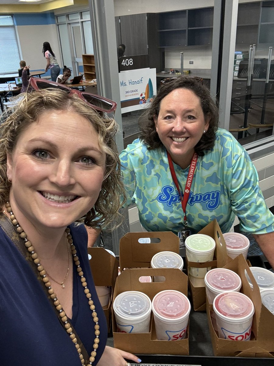 walker_kathi's tweet photo. Last day of math summer learning calls for teacher treats!  Big smiles when you ask our awesome crew to text their Sonic order.  Happy summer!!!! @OLE_Leopards https://t.co/B2q7gwVo3e