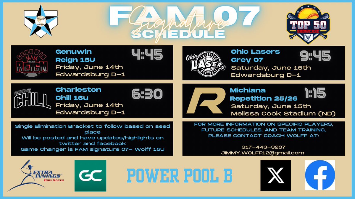 We have had time changes for games on Saturday we now play at 4:45 and 6:30 at Edwardsburg Sports Complex!!