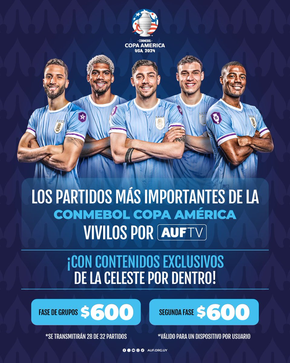 🏆 ¡𝐋𝐚 𝐂𝐨𝐩𝐚 𝐀𝐦𝐞́𝐫𝐢𝐜𝐚 𝐩𝐨𝐫 𝐀𝐔𝐅 𝐓𝐕!

No te pierdas todos los partidos de <a href="/Uruguay/">Selección Uruguaya</a> y lo más importante de este gran torneo. 

📌 ¡Previas con contenidos exclusivos 2 horas antes de cada encuentro de la Celeste!

📺 AUF.TV