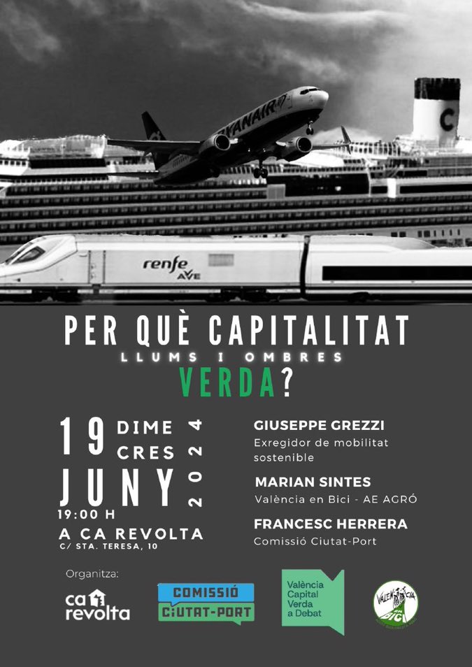 ManuSalutIV's tweet photo. El #19juny a les 19 h a @ca_revolta tenim una cita, estim convidats a una taula redona amb
Giuseppe Grezzi, Marian Sintes i Francesc Herrera
Per què Capitalitat Verda?
Qüestions i respostes,llums i ombres al voltant de València,Capital Verda a Debat
@NoAmpliacioPort
#salut https://t.co/xiWm42ItE0