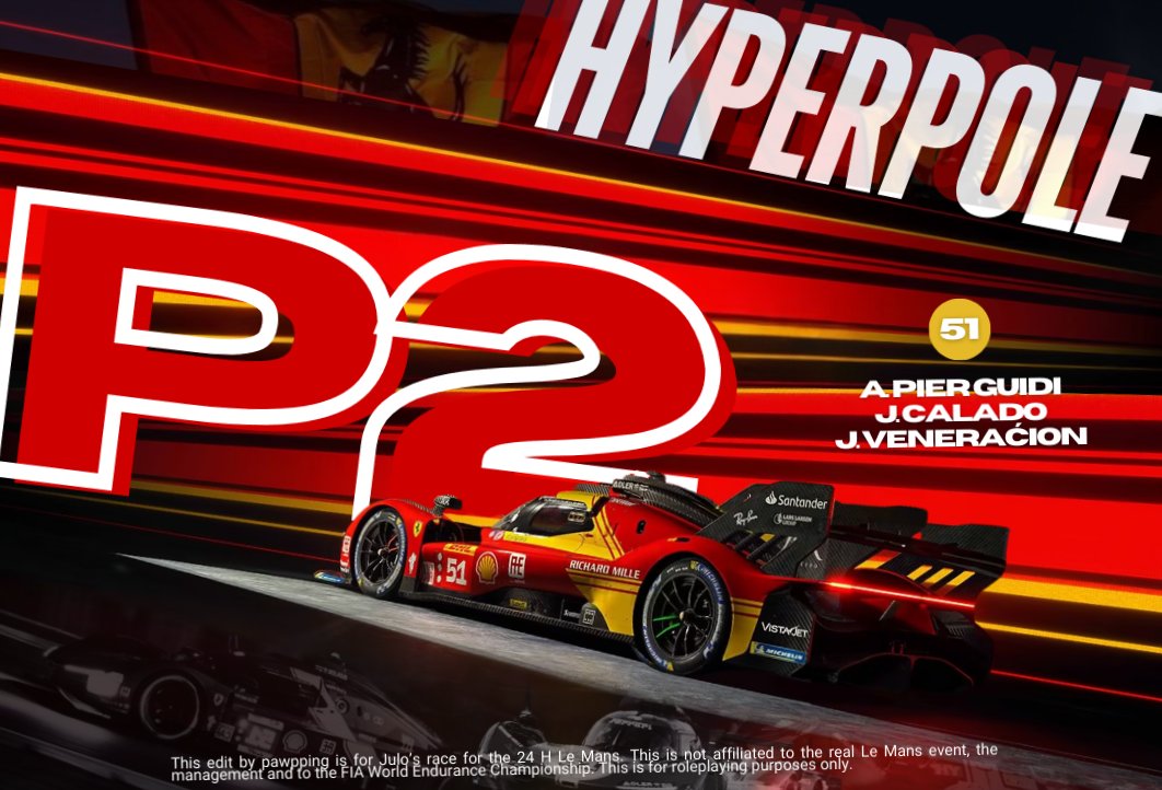 ͏͏     
͏͏͏͏͏     

𝙃𝙔𝙋𝙀𝙍𝙋𝙊𝙇𝙀 RESULT:

P2 #𝟱𝟭 𝙁𝙀𝙍𝙍𝘼𝙍𝙄 𝘼𝙁 𝘾𝙊𝙍𝙎𝙀
P3 #𝟱𝟬 𝗙𝗘𝗥𝗥𝗔𝗥𝗜 𝗔𝗙 𝗖𝗢𝗥𝗦𝗘 
P13 #𝟴𝟯 VISTA 𝗔𝗙 𝗖𝗢𝗥𝗦𝗘

Result from the 𝙃𝙔𝙋𝙀𝙍𝙋𝙊𝙇𝙀 will be the grid position for the 2024H 𝙇𝙀 𝙈𝘼𝙉𝙎 Endu.rance Race.⠀

͏͏͏͏͏