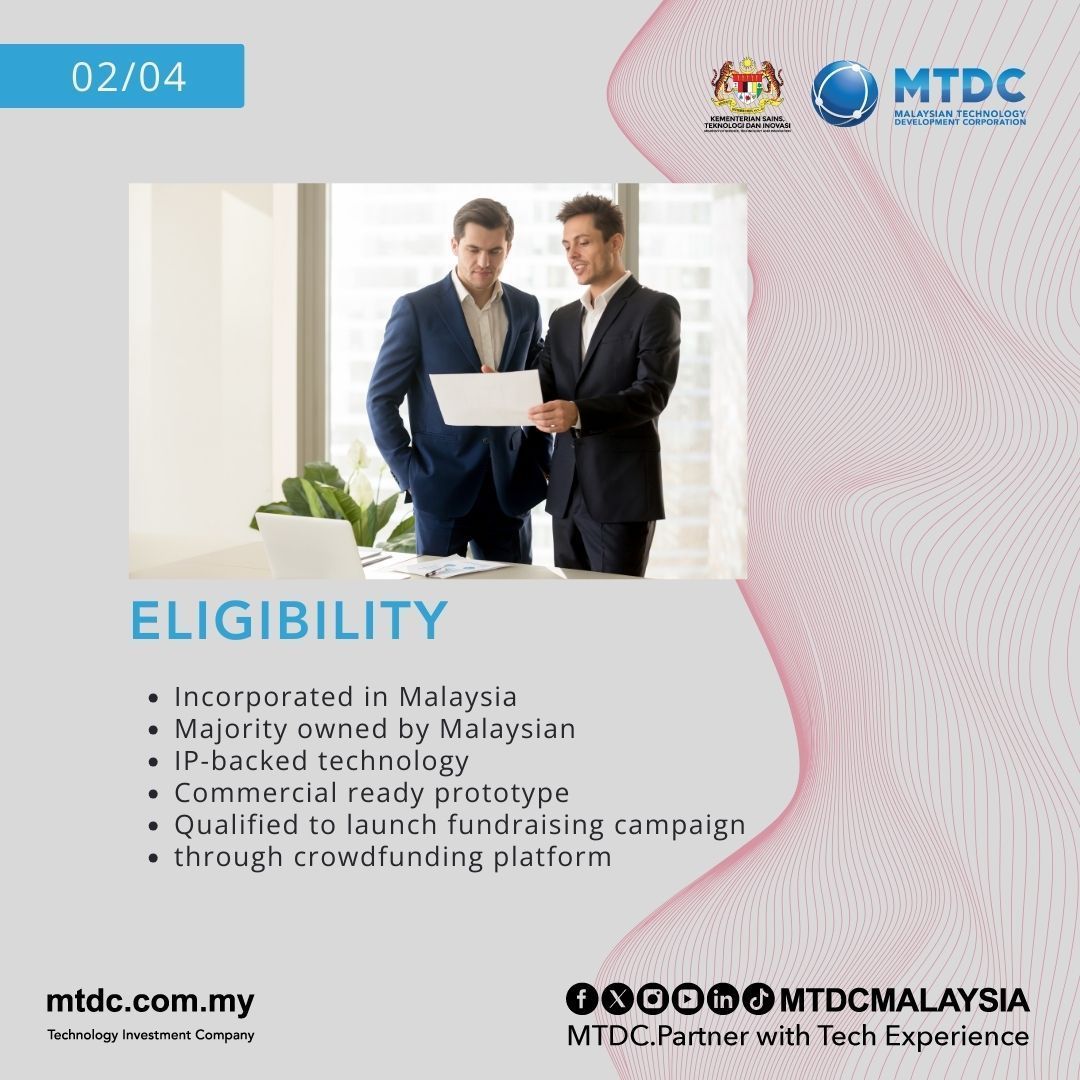 mtdcmalaysia's tweet photo. Exploring alternative funds for your companies growth?
MTDC-pitchIN Equity Crowdfunding (ECF) Programme is the one for you!
For more information, visit MTDC's website.
#MTDCMALAYSIA #MOSTI #TECHNOLOGY #CITRAMTDC #MTDCPartnerWithTechExperience #funding https://t.co/ZDUrwRnGTv
