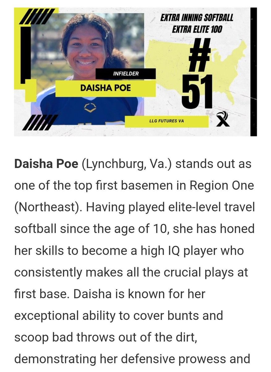 daisha_poe's tweet photo. I’m so grateful to be ranked #51 for infielders by @ExtraInningSB. The hard work I put into this sport is unreal, but it doesn’t matter because I love this game so much! Thank you to everyone that has been here for my journey so far. I can’t wait for what’s to come!! @llgwools https://t.co/KqSIOjeXrV