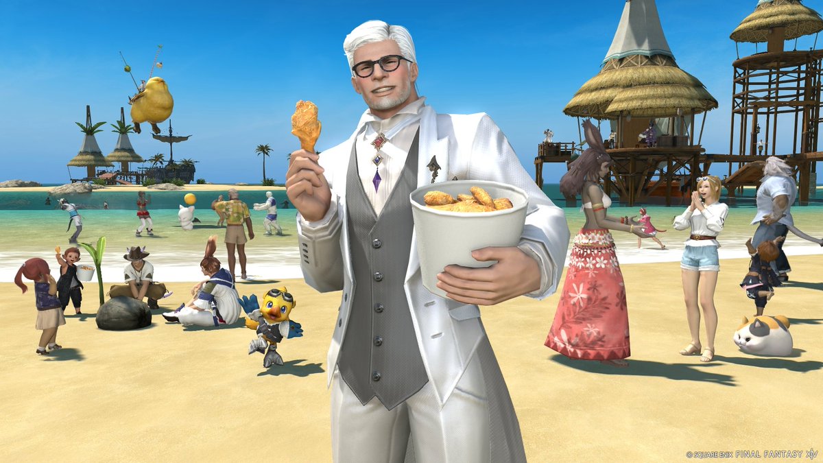 FF_XIV_JP's tweet photo. 🟥   ⬜   🟥 🍗 🟥   ⬜   🟥
  #KFC × #FF14 コラボ第2弾
⬜   🟥   ⬜ 👓 ⬜   🟥   ⬜

カーネルさんがFF14の世界で撮影会を開催📸
【データセンター】Elemental
【ワールド】Carbuncle

🗓️6月17日（月）19～21時
🌐https://t.co/YLi4FIG9jO #KFCFF14 https://t.co/P6v54eOBDU