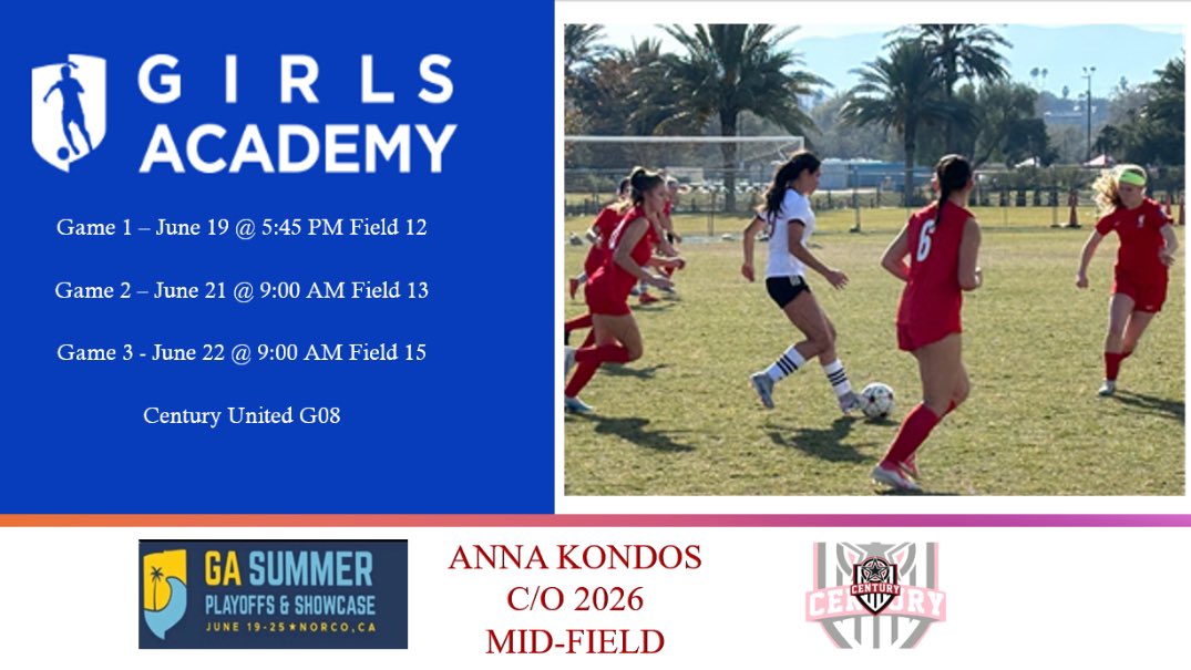 Can not wait to play with <a href="/Century08GA/">Century 2008 GA</a> at the <a href="/GAcademyLeague/">Girls Academy</a> Summer Showcase in Norco, California! Below is my schedule for my 3 games out there. <a href="/USYouthSoccer/">US Youth Soccer</a> <a href="/TopDrawerSoccer/">TopDrawerSoccer</a> <a href="/PrepSoccer/">Prep Soccer ⚽️</a> <a href="/TheSoccerWire/">SoccerWire</a> <a href="/scoutingzone/">ScoutingZone®</a> <a href="/CoachEMarshall/">Erica Marshall</a>  <a href="/Century_Utd/">Century United</a>