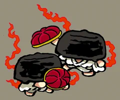 きょうの妖怪 #和漢百魅缶  通算7850体目【化け筑摩鍋】『闇梅百物語』のおどりに出て来るつくま鍋な妖怪。「かぶる鉄鍋かさなる罪の」 