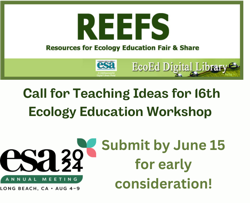 diversecology's tweet photo. Submit your teaching idea at any stage of development to participate in the 16th Ecology Education interactive workshop at @ESA_org Annual Meeting on August 5th in Long Beach, CA #ESA2024.  Proposals accepted until filled. https://t.co/Bks51Kx9A1 https://t.co/uYDx38Kiy6