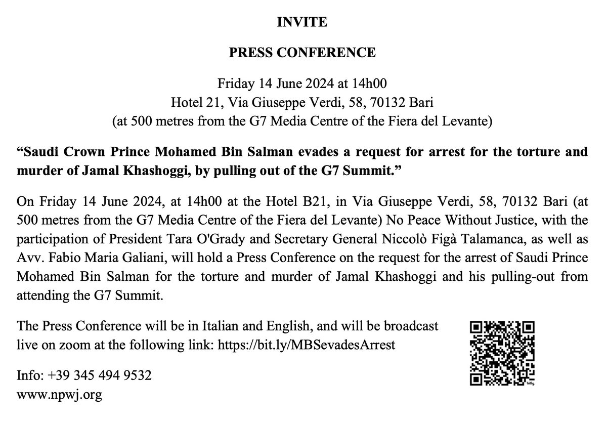 niccoft's tweet photo. .@NPWJpress PRESS CONFERENCE
Friday 14 June 2024 at 14h00

Hotel B21, Via G. Verdi 58, Bari (500 m. from G7 Media Centre Fiera del Levante)

“Saudi  Prince Mohamed Bin Salman evades a request for arrest for torture and murder of Jamal Khashoggi, by pulling out of the G7 Summit.” https://t.co/kDaUTapug2