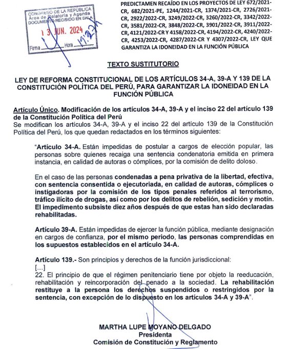#URGENTE El pleno del Congreso dilata la aprobación del proyecto de ley que impedía que sentenciados ocupen cargos públicos.

Se aprobó con 90 votos a favor la cuestión previa del PL haciendo que este retorne a la Comisión de Constitución, donde se seguirá evaluando.