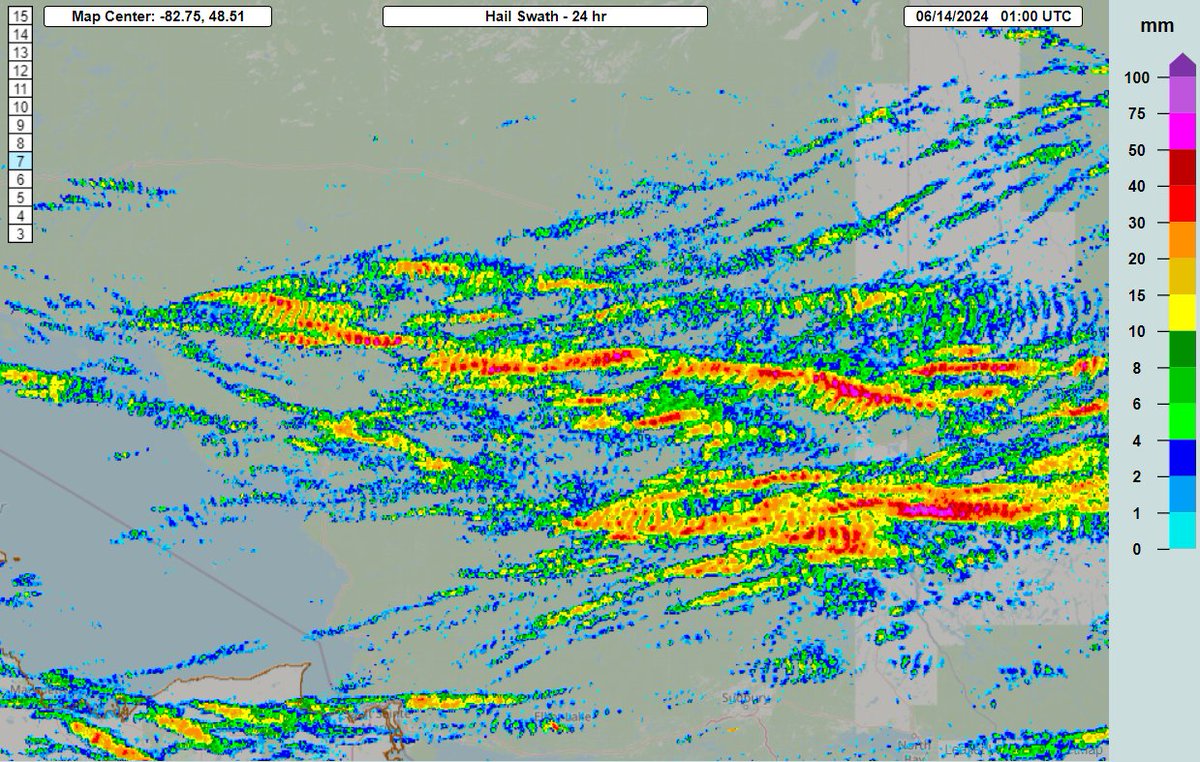 Seeking Hail Reports #ONstorm: Numerous supercells tracked across NE ON today (June 13), leaving a myriad of potential hailswaths. Largest hailstones likely in areas N of Kirkland Lk &amp; nr Kabinakagami Lk (see MRMS radar hail swaths below).

Let us know if you heard anything!