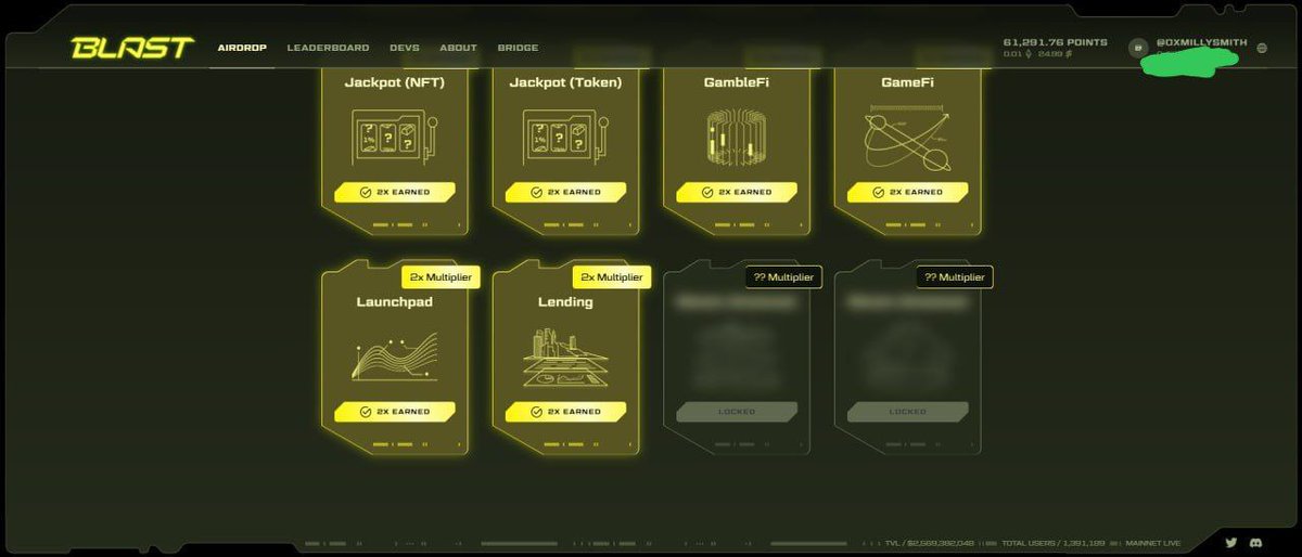 0xmillysmith's tweet photo. $Blast Just Released their 10th #Airdrop Multiplier 😃 called Lending Which If you Get, will give you Another X2 Multiplier making it a total of 20x Multiplier.
Currently Have 61k+ Blast points and 29.49 Blast Gold 🪂
$SIDE #Superpatate $focus #BlastL2 #BLastpoint