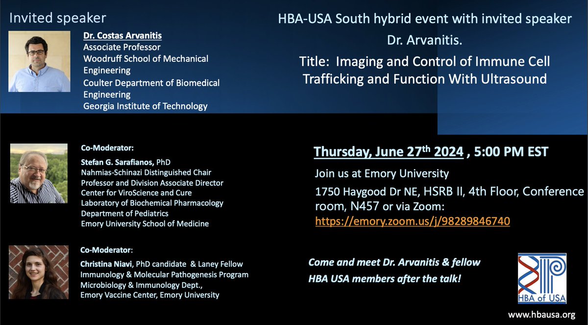 Dear everyone,
the HBA-USA South Chapter is pleased to invite you to our next hybrid event! Zoom: emory.zoom.us/j/98289846740 
<a href="/SarafianosLab/">Sarafianos Lab</a> <a href="/michailidis_lab/">Lefteris Michailidis</a> <a href="/EfrosiniTsouko/">Efrosini Tsouko PhD</a> <a href="/HBA_USA/">HBA of the USA</a>