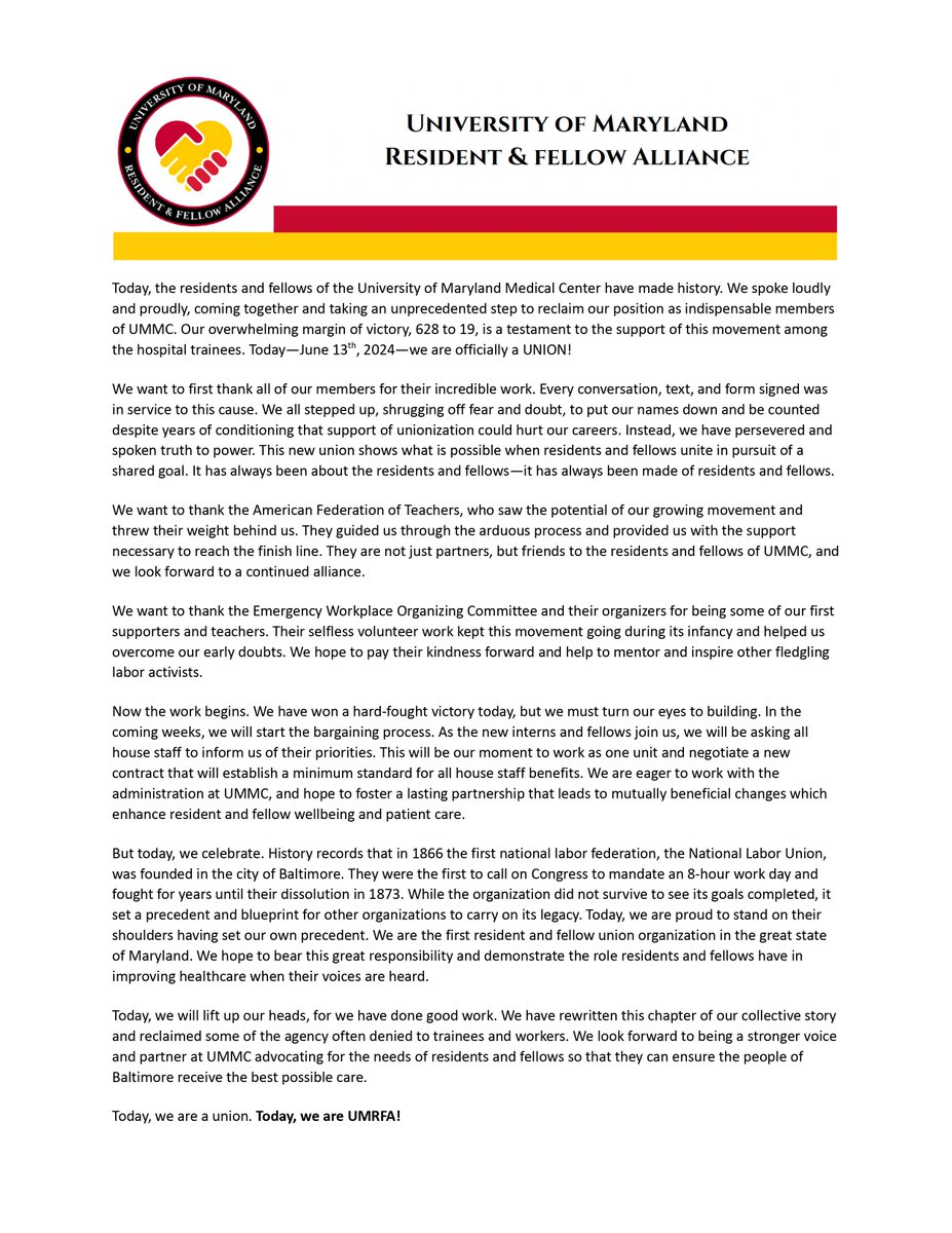 UMRFalliance's tweet photo. WE HAVE WON OUR UNION BY A TALLY OF 628-19!!! We are so proud of all our colleagues who came out and made their voices heard to win us our collective power. This is just the beginning. We will continue fighting for every resident and fellow every day going forward. See statement: https://t.co/njM6K3DKZB