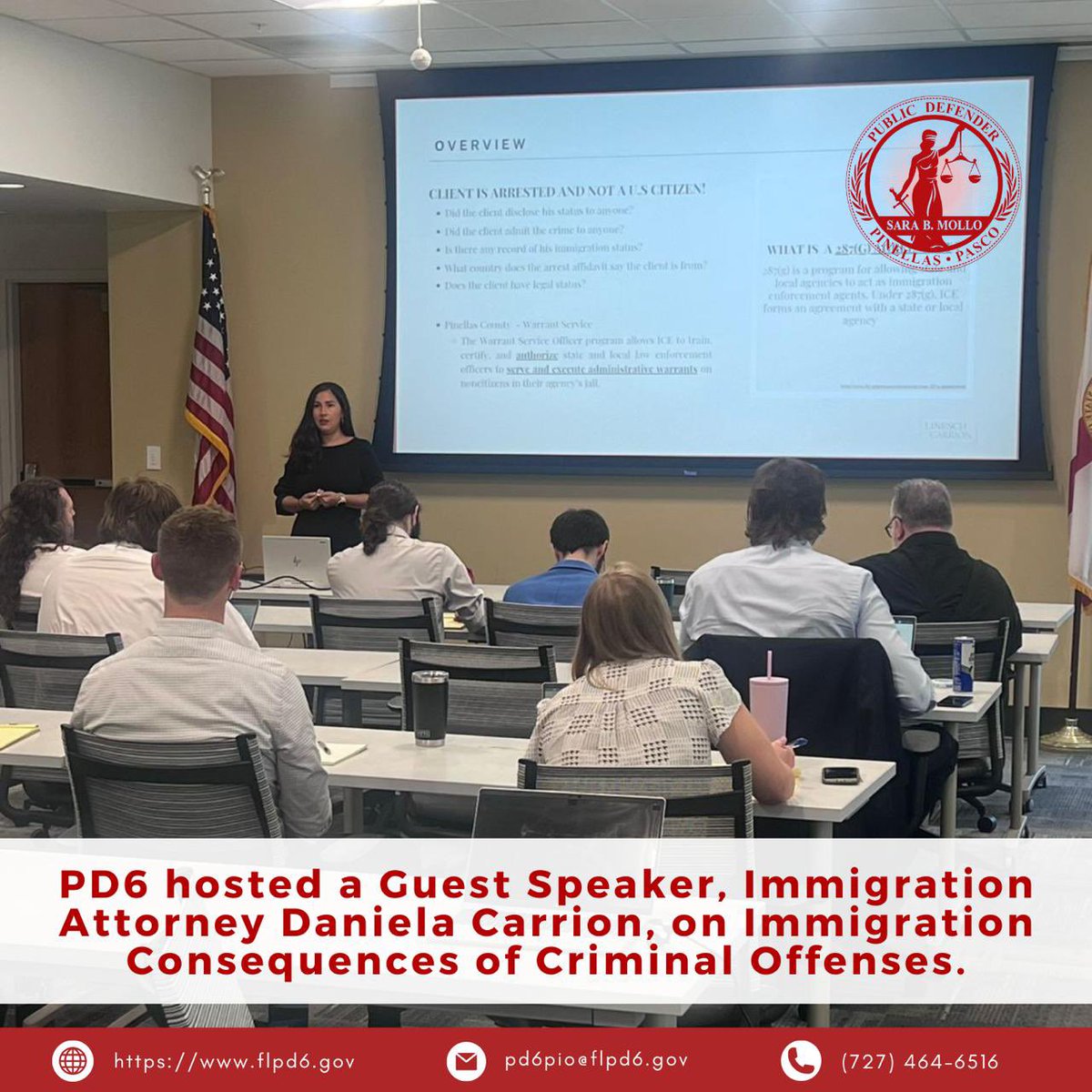 PD6SaraMollo's tweet photo. Great turnout for our informative session on Immigration Consequences of Criminal Offenses! Huge thanks to Immigration Attorney Daniela Carrion for sharing her expertise. #ImmigrationLaw #KnowYourRights #PublicDefenderOffice #PD6 https://t.co/0ASQZNYdLM