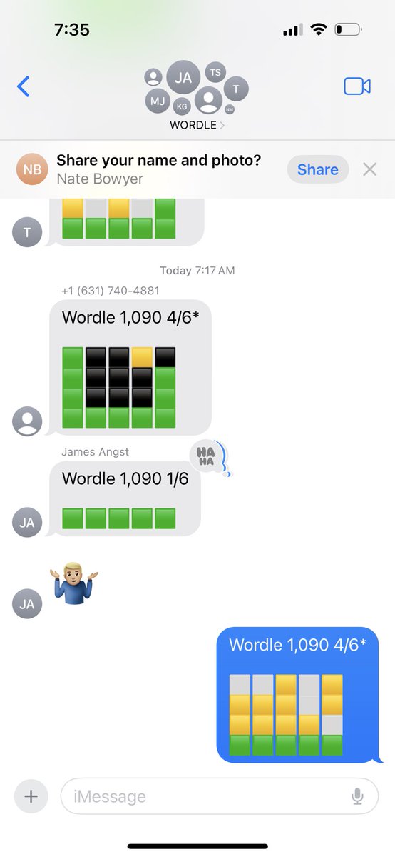 Naterade0's tweet photo. Just some good old fashioned fun coming out of the Wordle group chat today 😂😂😂 @james_angst https://t.co/XulDFENuID