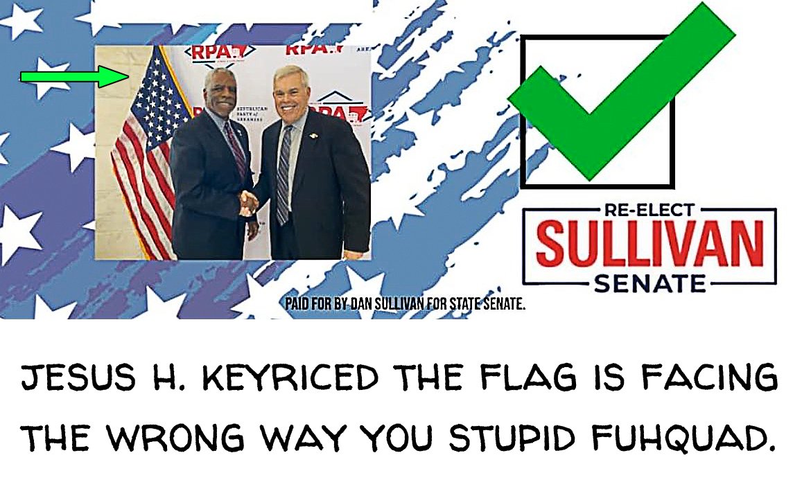 TheHausWorking's tweet photo. @thetrueshelby That’s the least of it... This stupid motherfucker is actually disrespecting “Our” Flag. Feel free to let this shitbird, @SullivanForAR know. #ARHillBilly #Yokel #FacingTheWrongWay https://t.co/iVeuvvpgwn