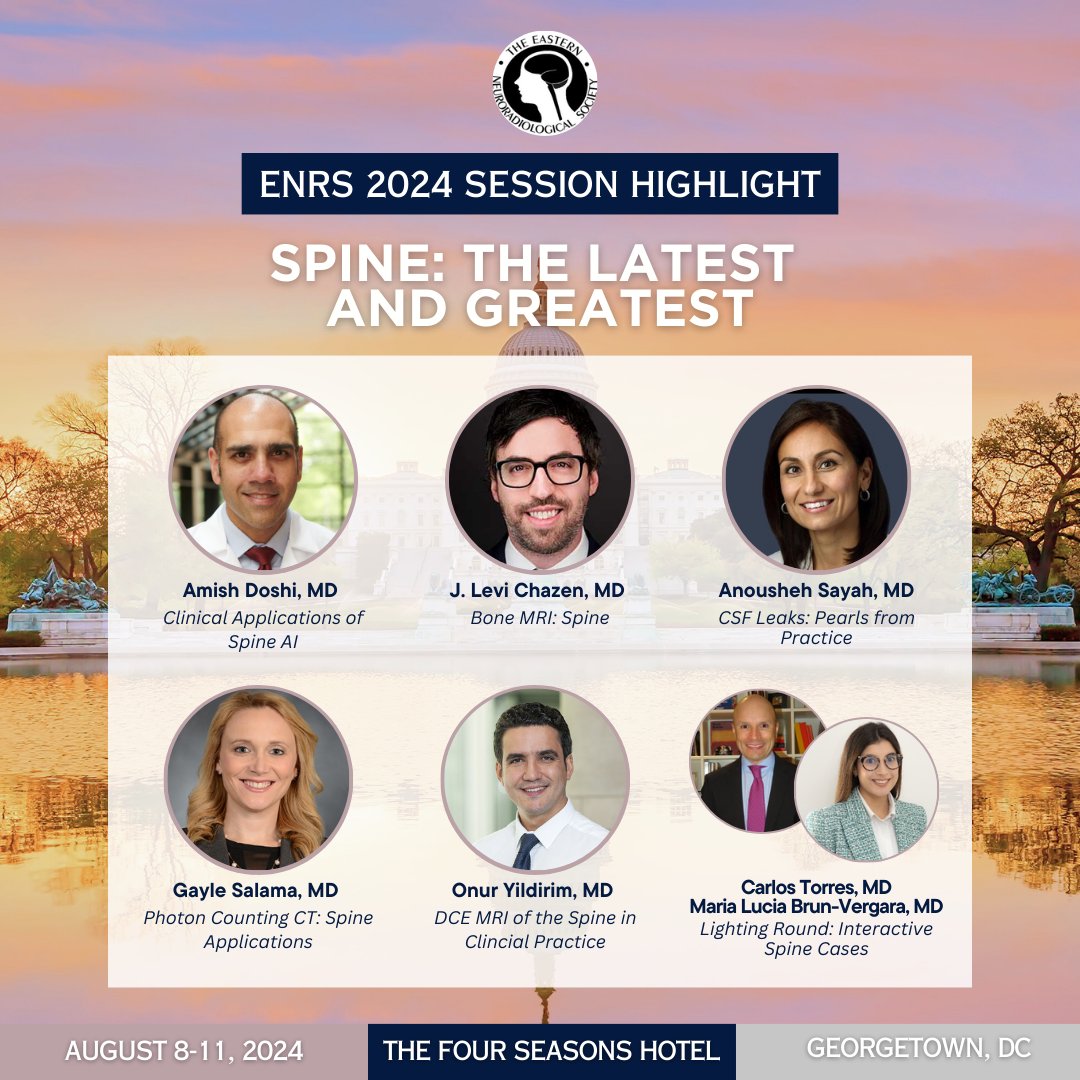 The Eastern Neuroradiological Society (@theenrs) on Twitter photo Get excited for the many amazing talks on spine imaging at #ENRS2024, led off by our experts presenting the latest and greatest on Thr Aug 8th in DC!
<a href="/AmishDoshiMD/">Amish Doshi</a>, <a href="/LeviChazen/">J. Levi Chazen MD</a>, <a href="/AnoushehSayah/">Anousheh Sayah</a>, <a href="/GayleRSalama/">Gayle Salama MD</a>, Onur Yildirim, Carlos Torres and <a href="/MariaLuciaBrunV/">MarรญaLucรญa Brun-Vergara</a> Get excited for the many amazing talks on spine imaging at #ENRS2024, led off by our experts presenting the latest and greatest on Thr Aug 8th in DC!
<a href="/AmishDoshiMD/">Amish Doshi</a>, <a href="/LeviChazen/">J. Levi Chazen MD</a>, <a href="/AnoushehSayah/">Anousheh Sayah</a>, <a href="/GayleRSalama/">Gayle Salama MD</a>, Onur Yildirim, Carlos Torres and <a href="/MariaLuciaBrunV/">MarรญaLucรญa Brun-Vergara</a>