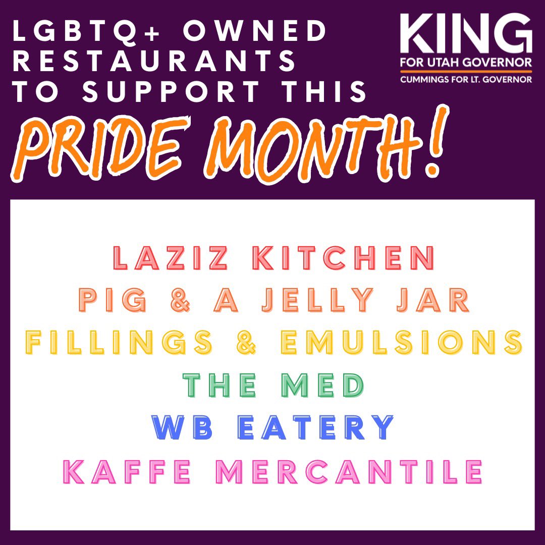 KingForUtah's tweet photo. This Pride Month, stop by and grab a bite at one of Utahβs LGBTQ+owned restaurants. Support them during Pride and beyond!
#PrideMonth #UtahPride #KingForUtah #ForTheBetter https://t.co/MvPIrxJ0XE